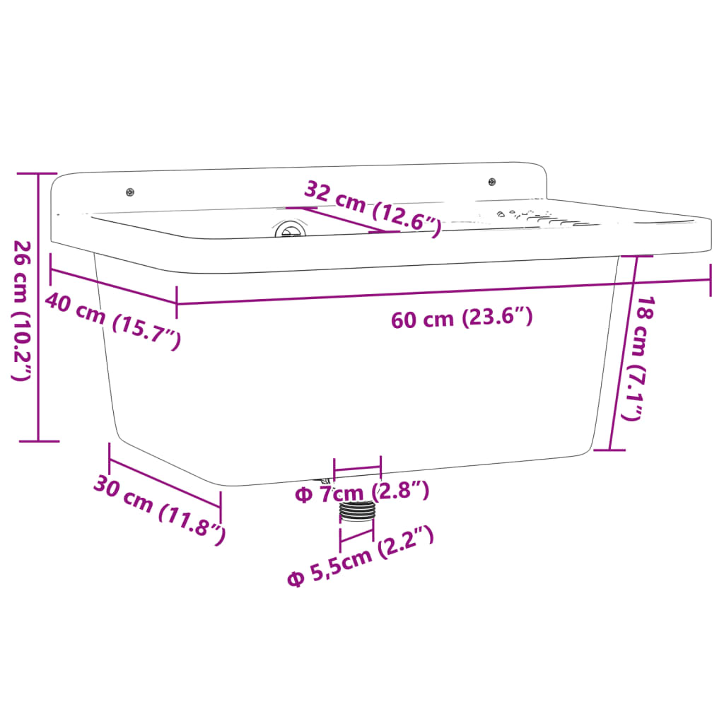 Wasbak wandgemonteerd 60x40x28 cm hars grijs