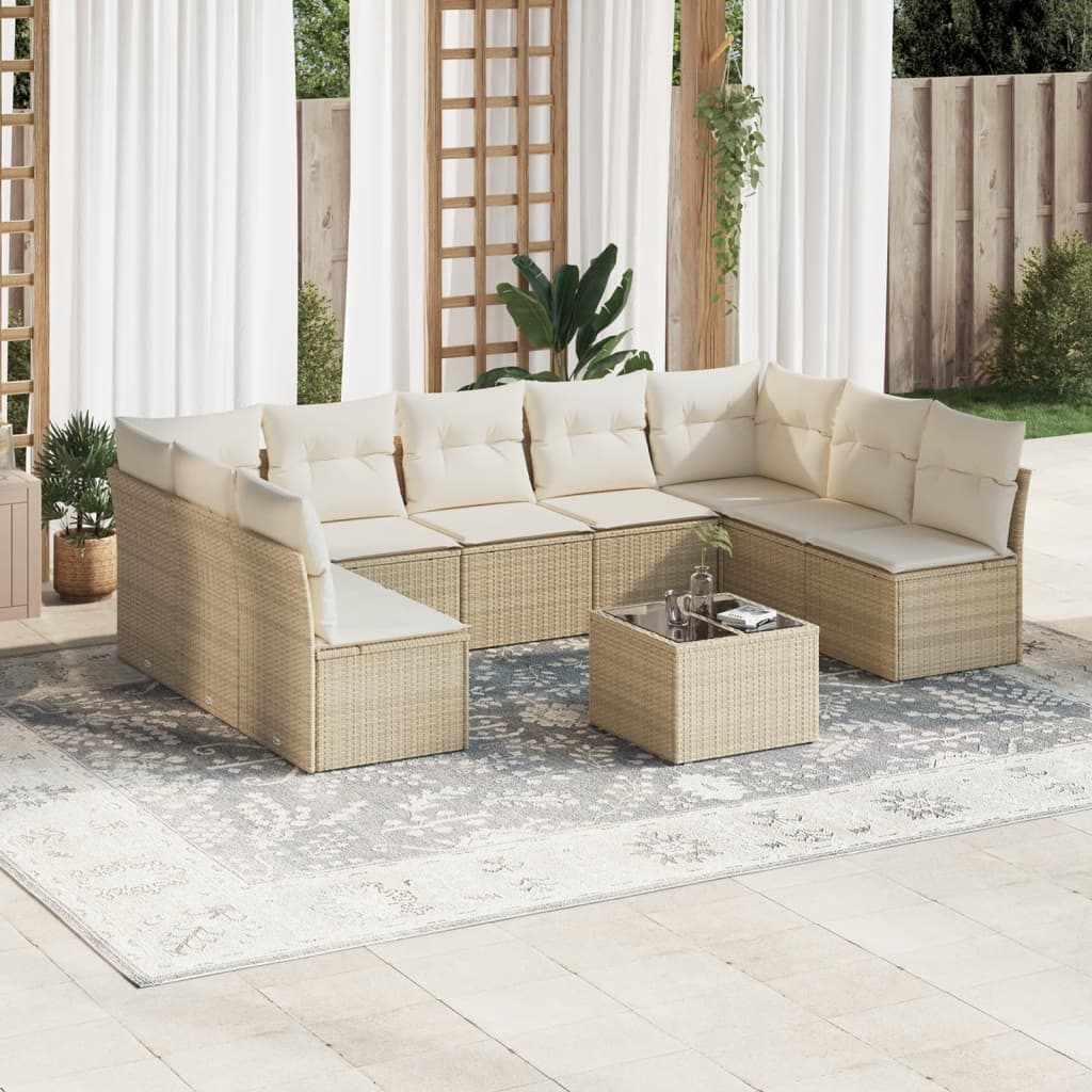 10-delige Loungeset met kussens poly rattan beige