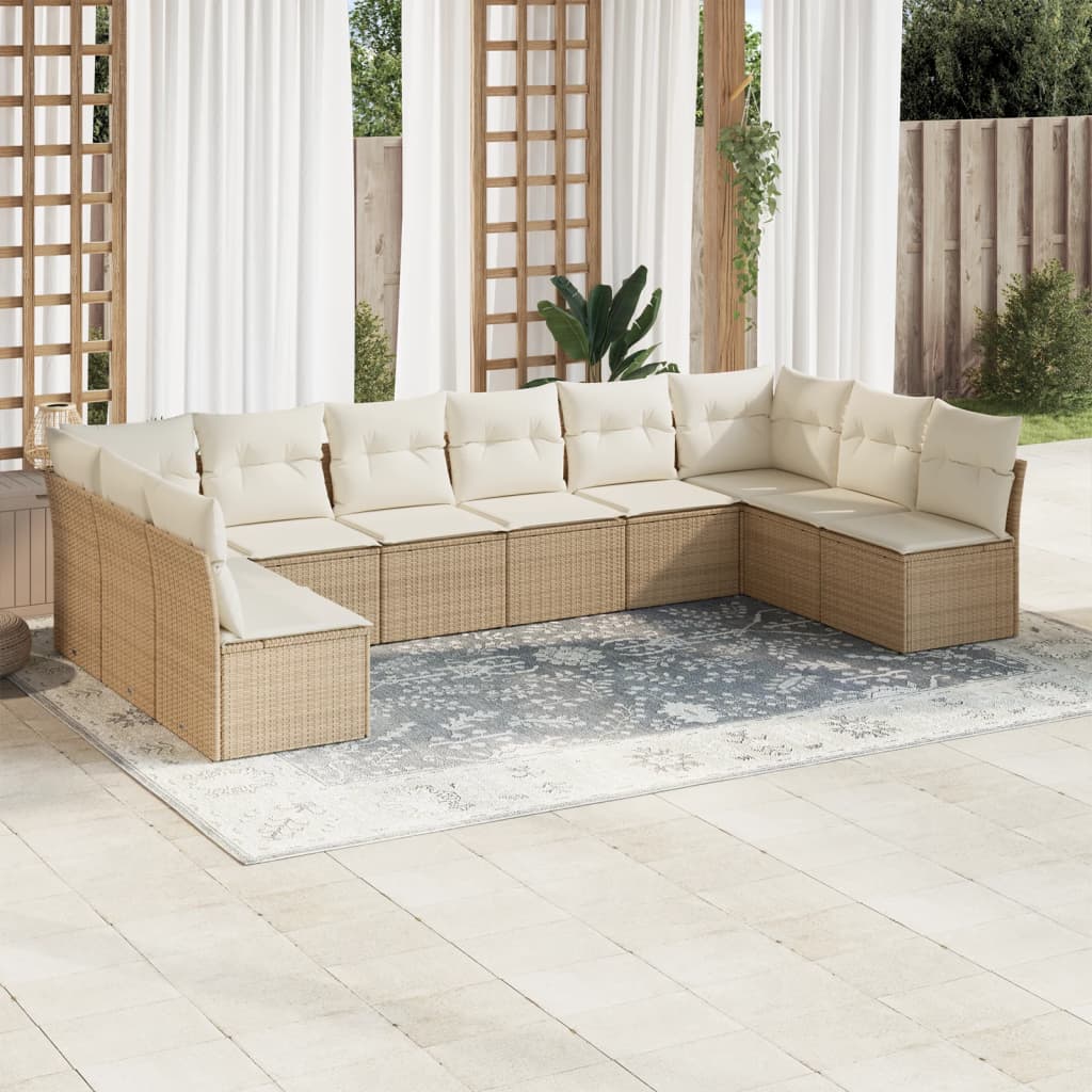 10-delige Loungeset met kussens poly rattan beige