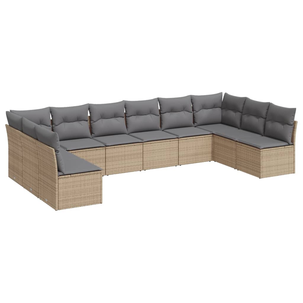 10-delige Loungeset met kussens poly rattan beige