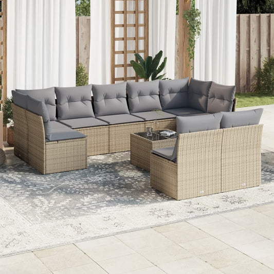 10-delige Loungeset met kussens poly rattan beige