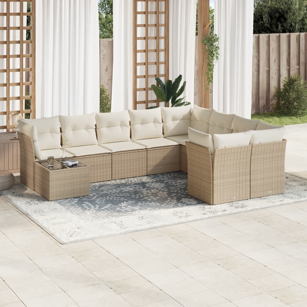 10-delige Loungeset met kussens poly rattan beige