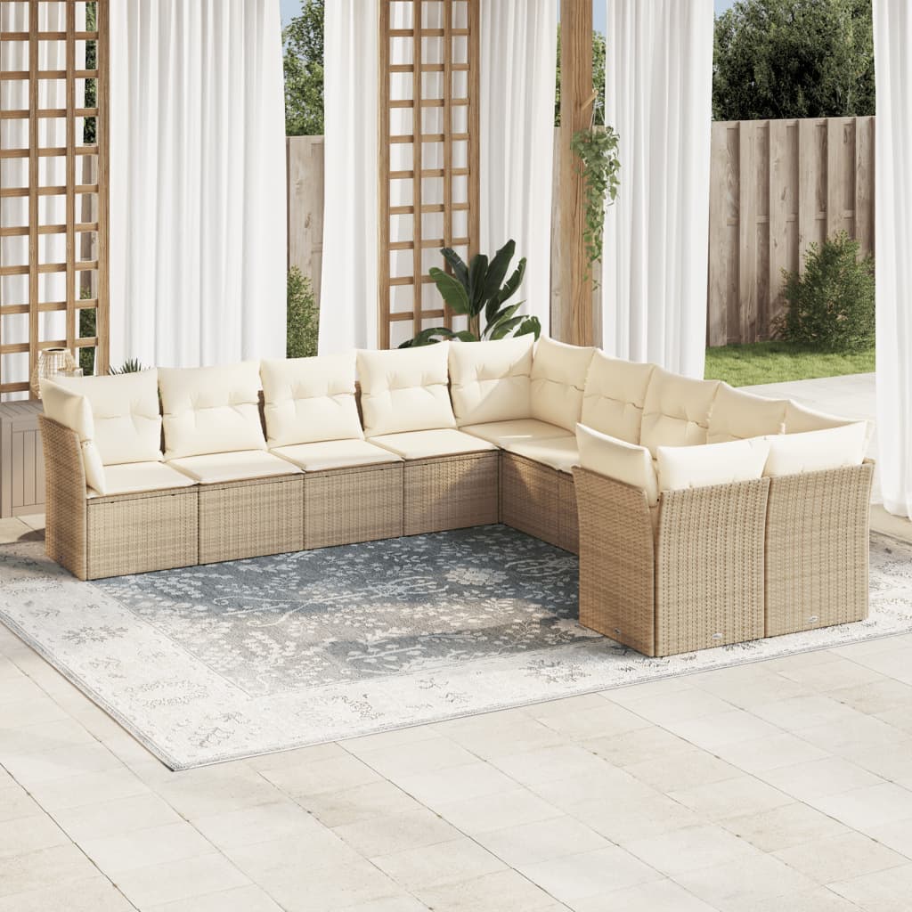 10-delige Loungeset met kussens poly rattan beige