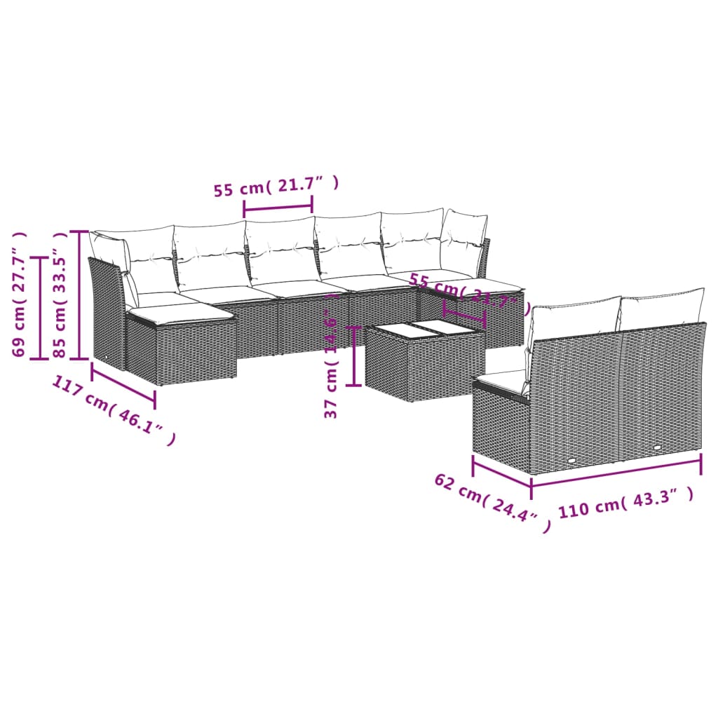 10-delige Loungeset met kussens poly rattan beige