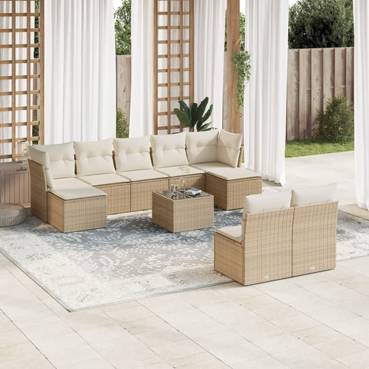 10-delige Loungeset met kussens poly rattan beige