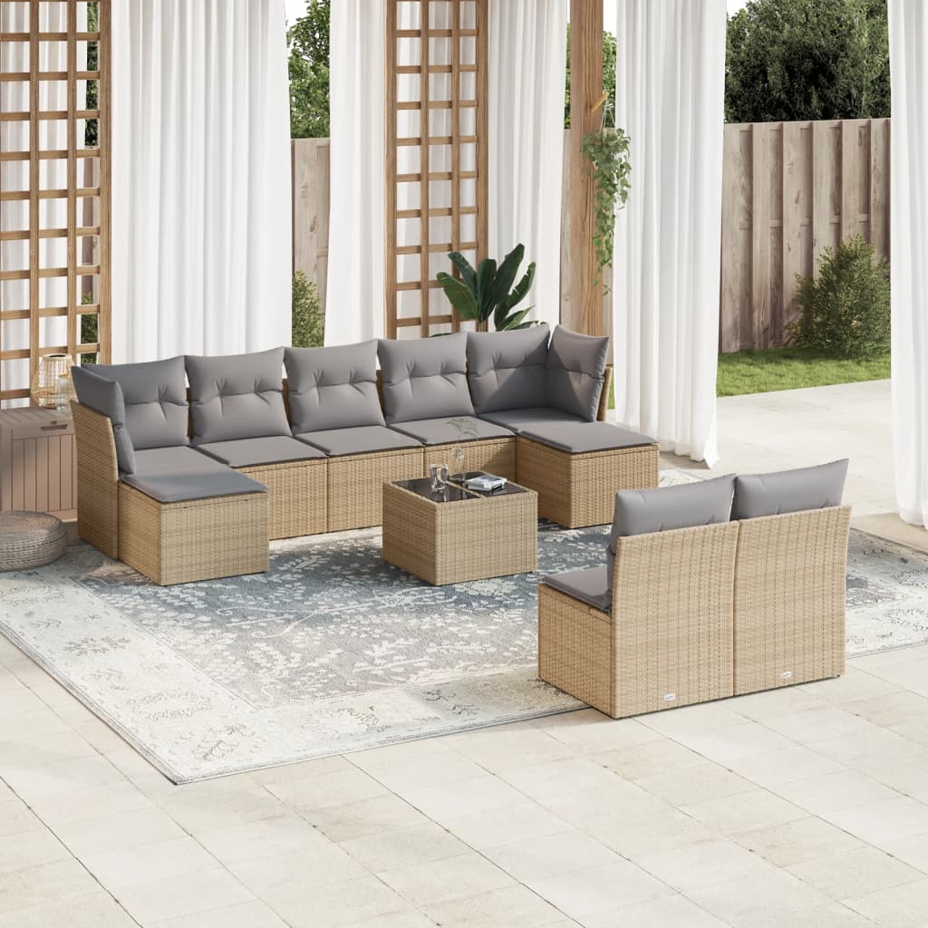 10-delige Loungeset met kussens poly rattan beige