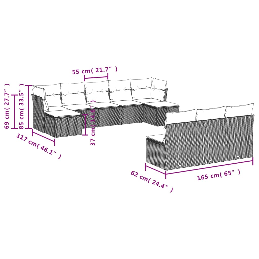 10-delige Loungeset met kussens poly rattan beige