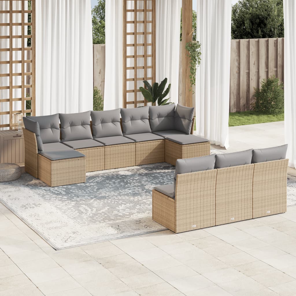 10-delige Loungeset met kussens poly rattan beige