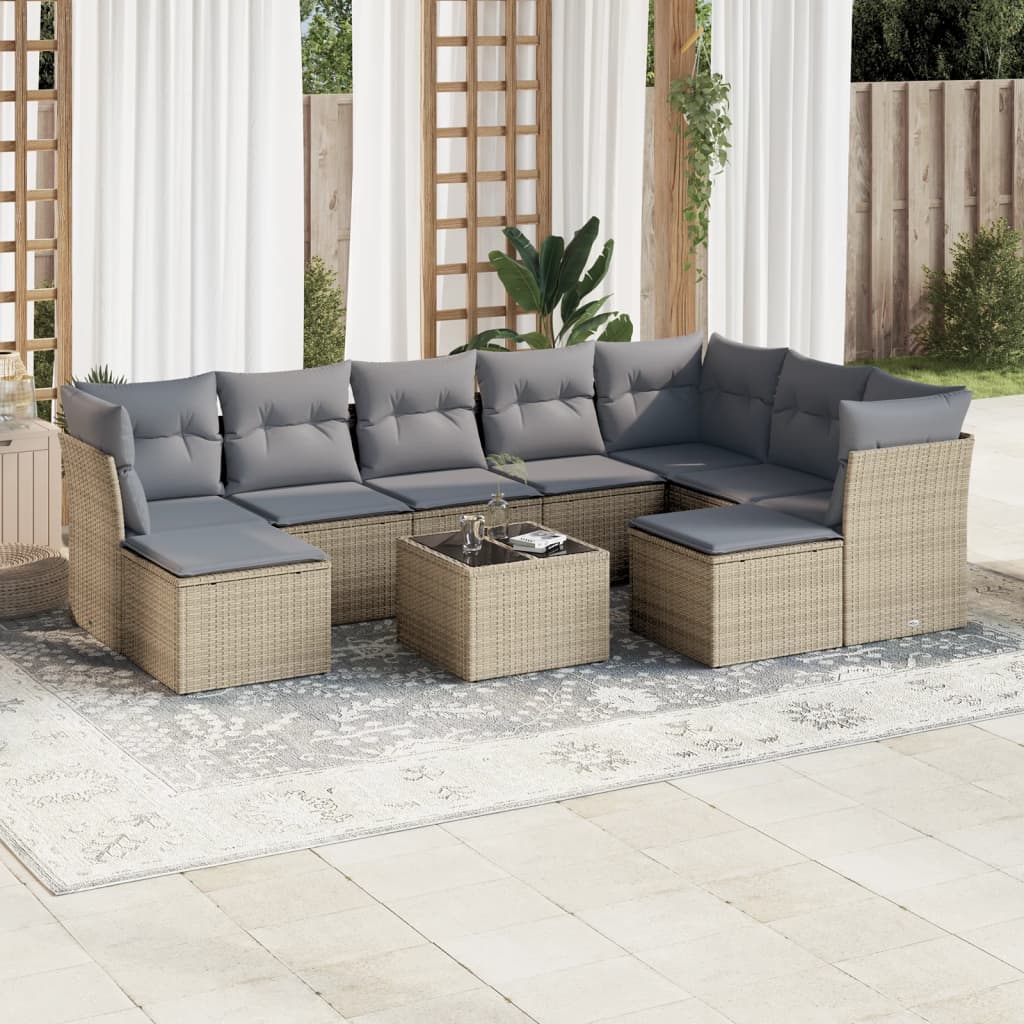 10-delige Loungeset met kussens poly rattan beige