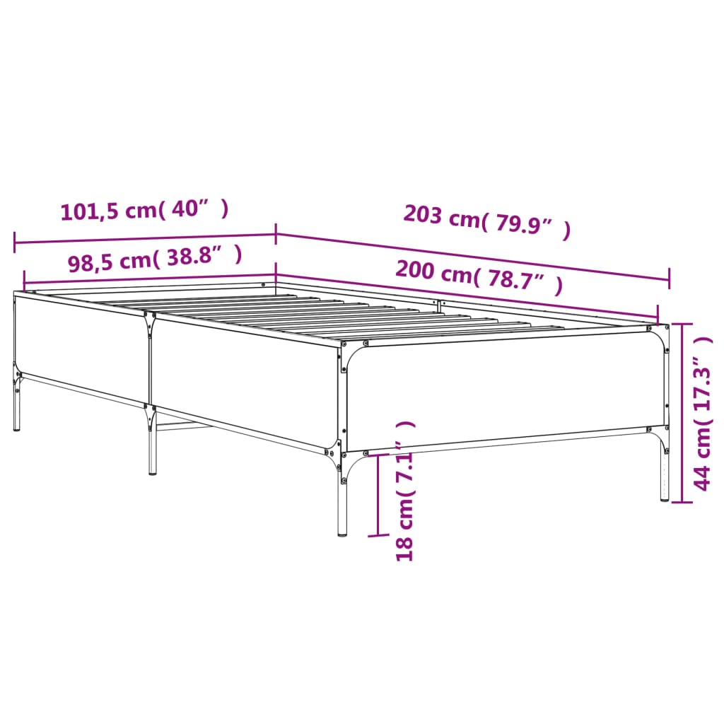 Bedframe bewerkt hout en metaal sonoma eikenkleurig 100x200 cm