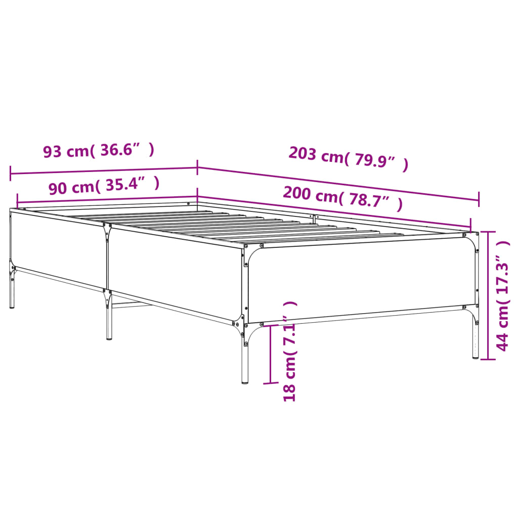 Bedframe bewerkt hout en metaal gerookt eikenkleurig 90x200 cm