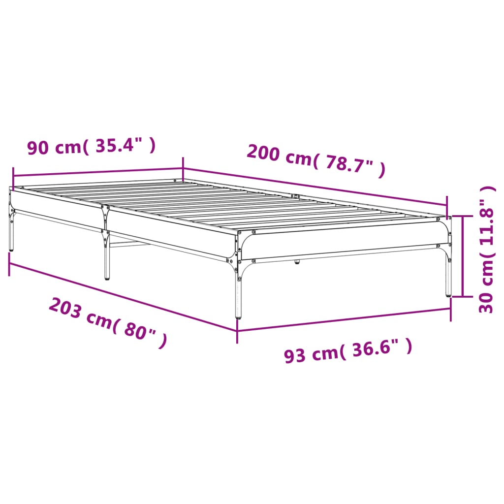 Bedframe bewerkt hout en metaal gerookt eikenkleurig 90x200 cm