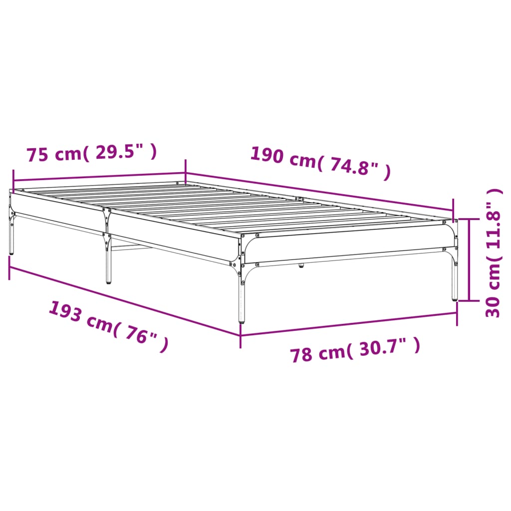 Bedframe bewerkt hout en metaal gerookt eikenkleurig 75x190 cm