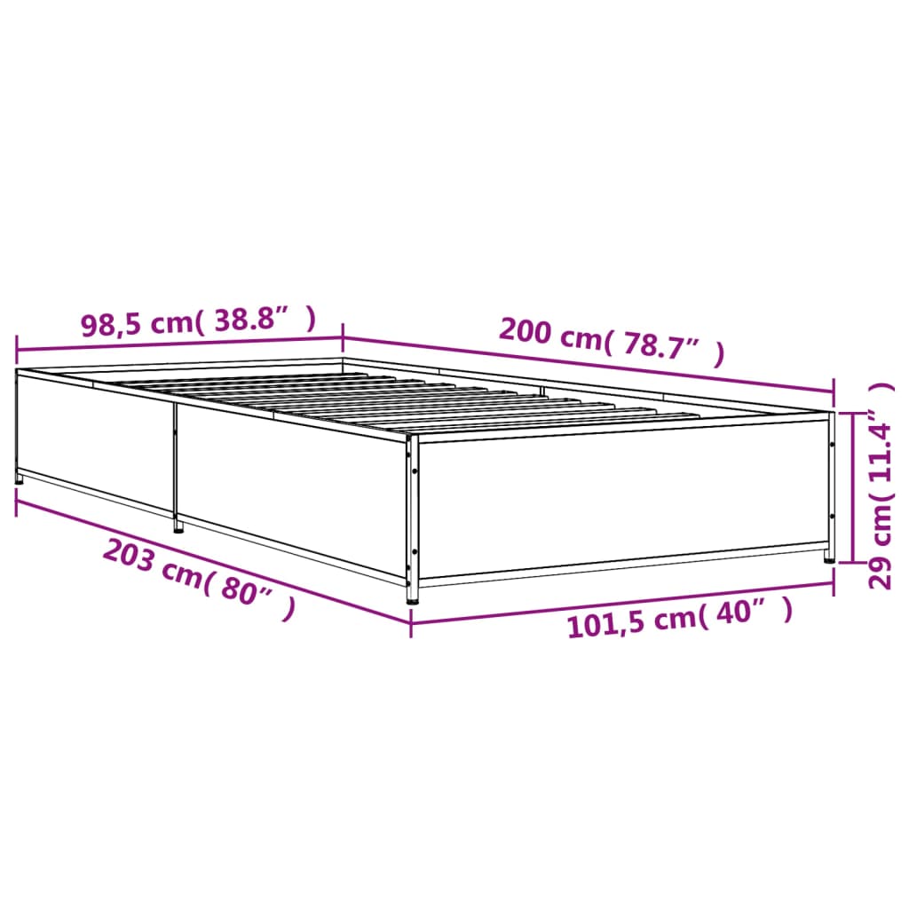 Bedframe bewerkt hout en metaal gerookt eikenkleurig 100x200 cm