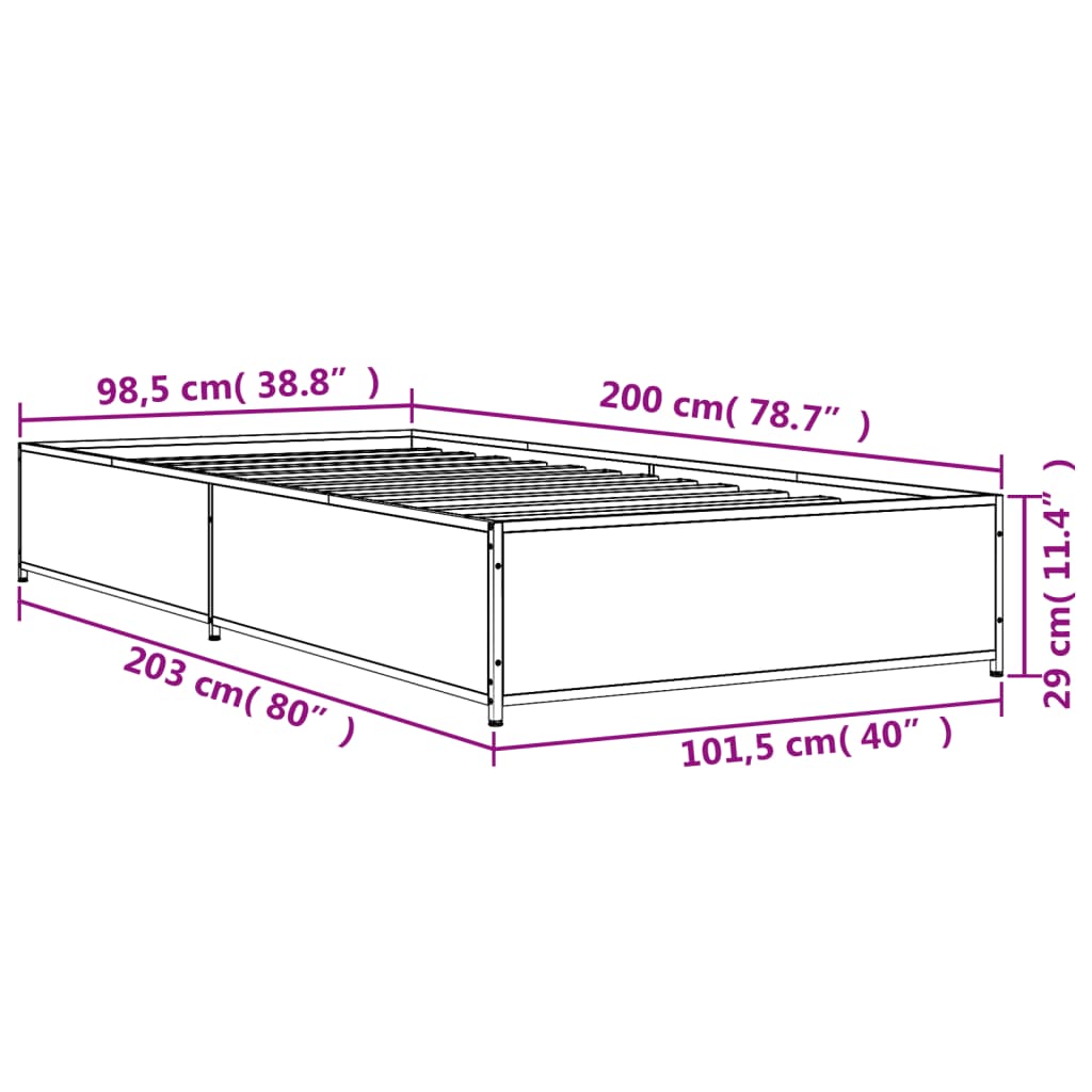 Bedframe bewerkt hout en metaal grijs sonoma eiken 100x200 cm