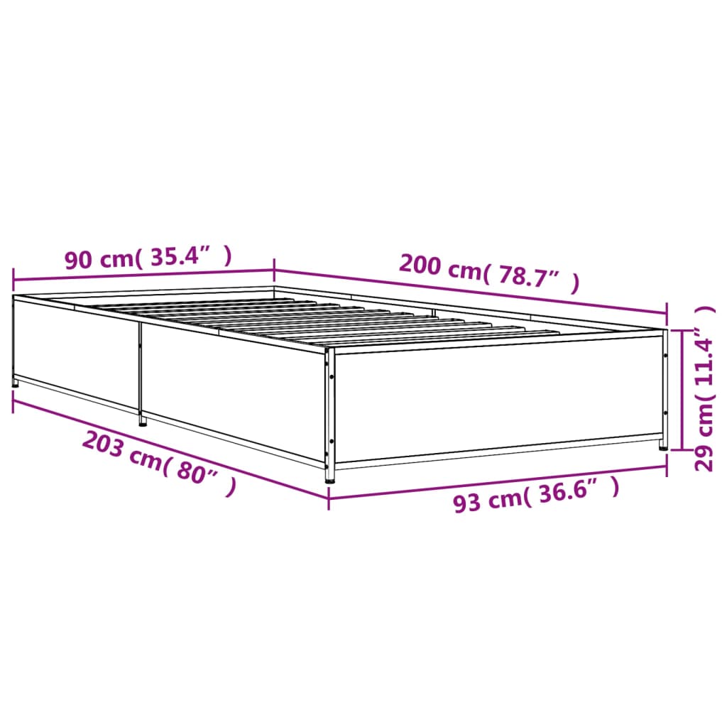 Bedframe bewerkt hout en metaal gerookt eikenkleurig 90x200 cm