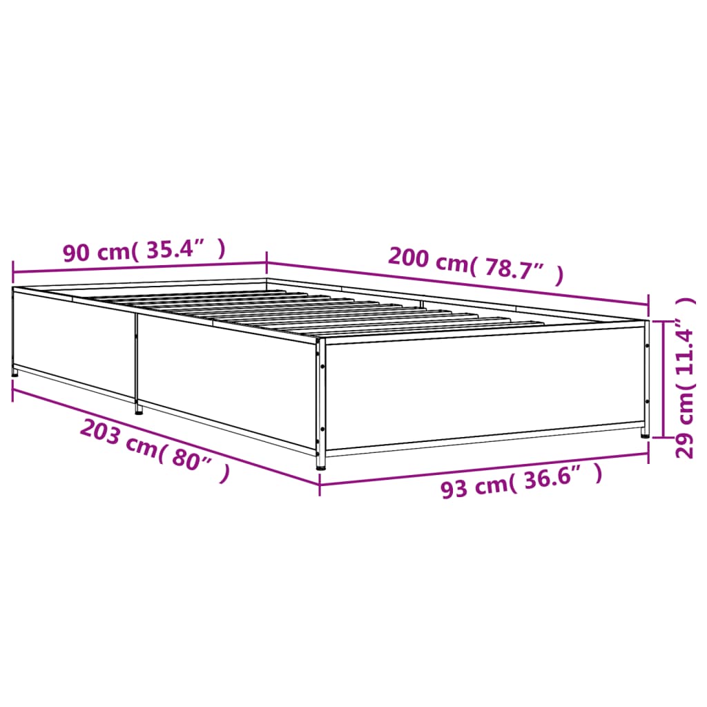 Bedframe bewerkt hout en metaal bruin eikenkleurig 90x200 cm