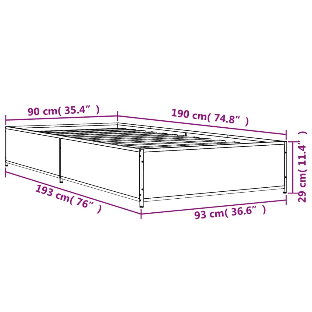 Bedframe bewerkt hout en metaal gerookt eikenkleurig 90x190 cm