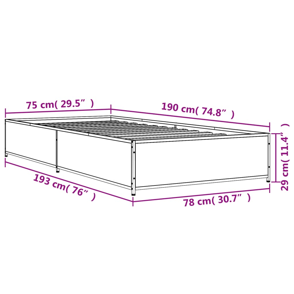 Bedframe bewerkt hout en metaal sonoma eikenkleurig 75x190 cm