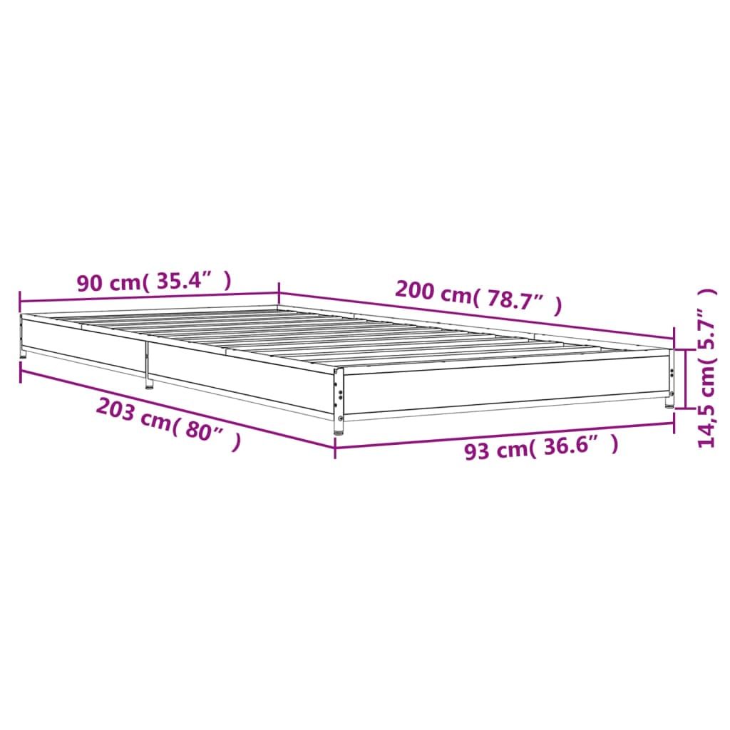 Bedframe bewerkt hout en metaal gerookt eikenkleurig 90x200 cm