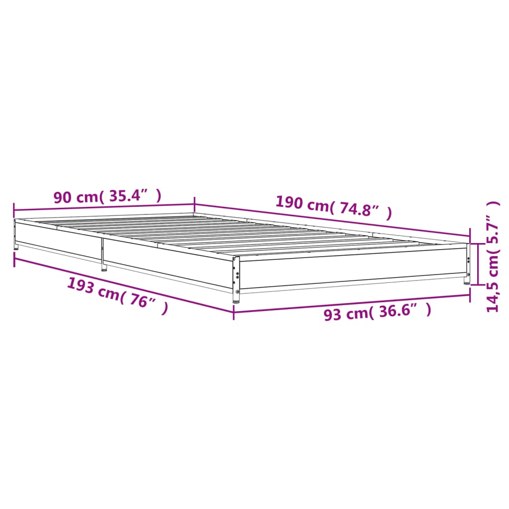 Bedframe bewerkt hout en metaal grijs sonoma eiken 90x190 cm