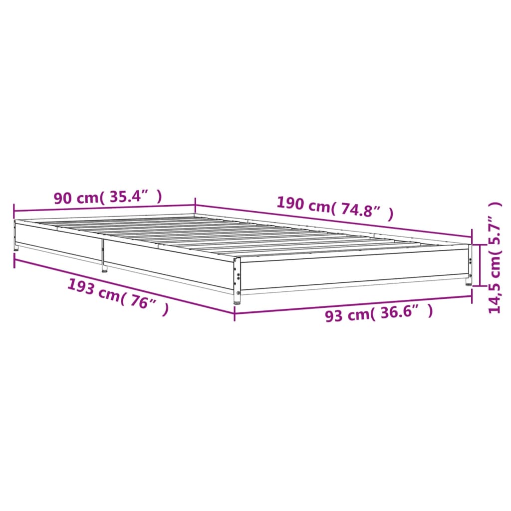 Bedframe bewerkt hout en metaal bruin eikenkleurig 90x190 cm