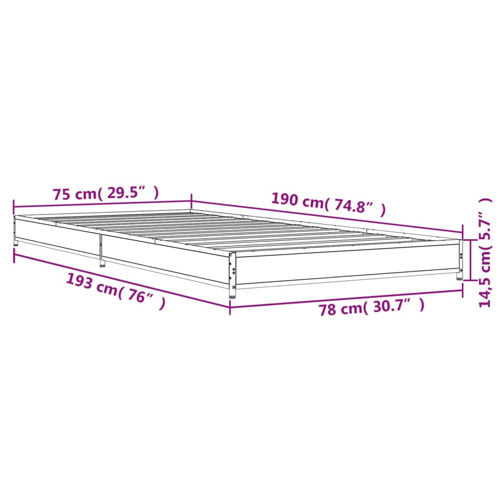 Bedframe bewerkt hout en metaal gerookt eikenkleurig 75x190 cm