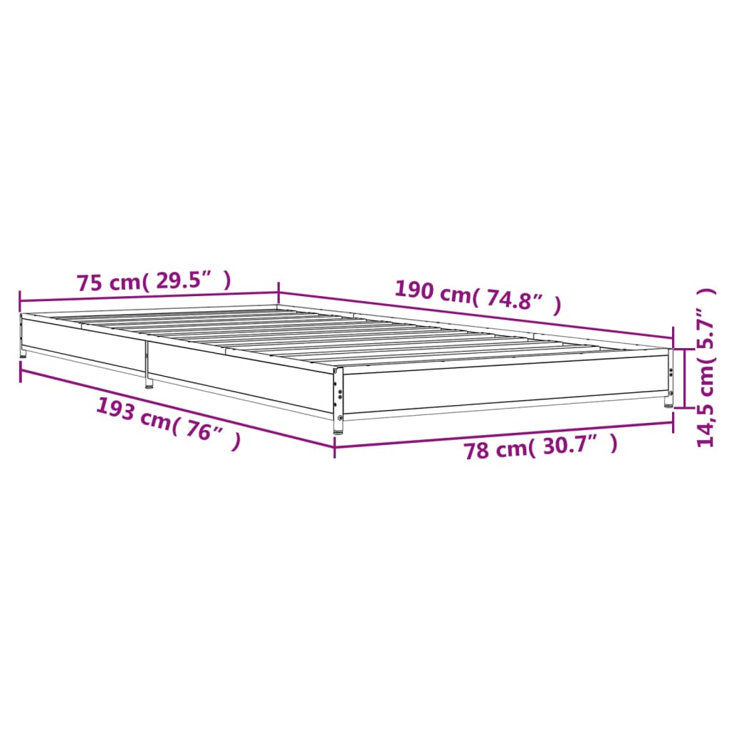 Bedframe bewerkt hout en metaal bruin eikenkleurig 75x190 cm