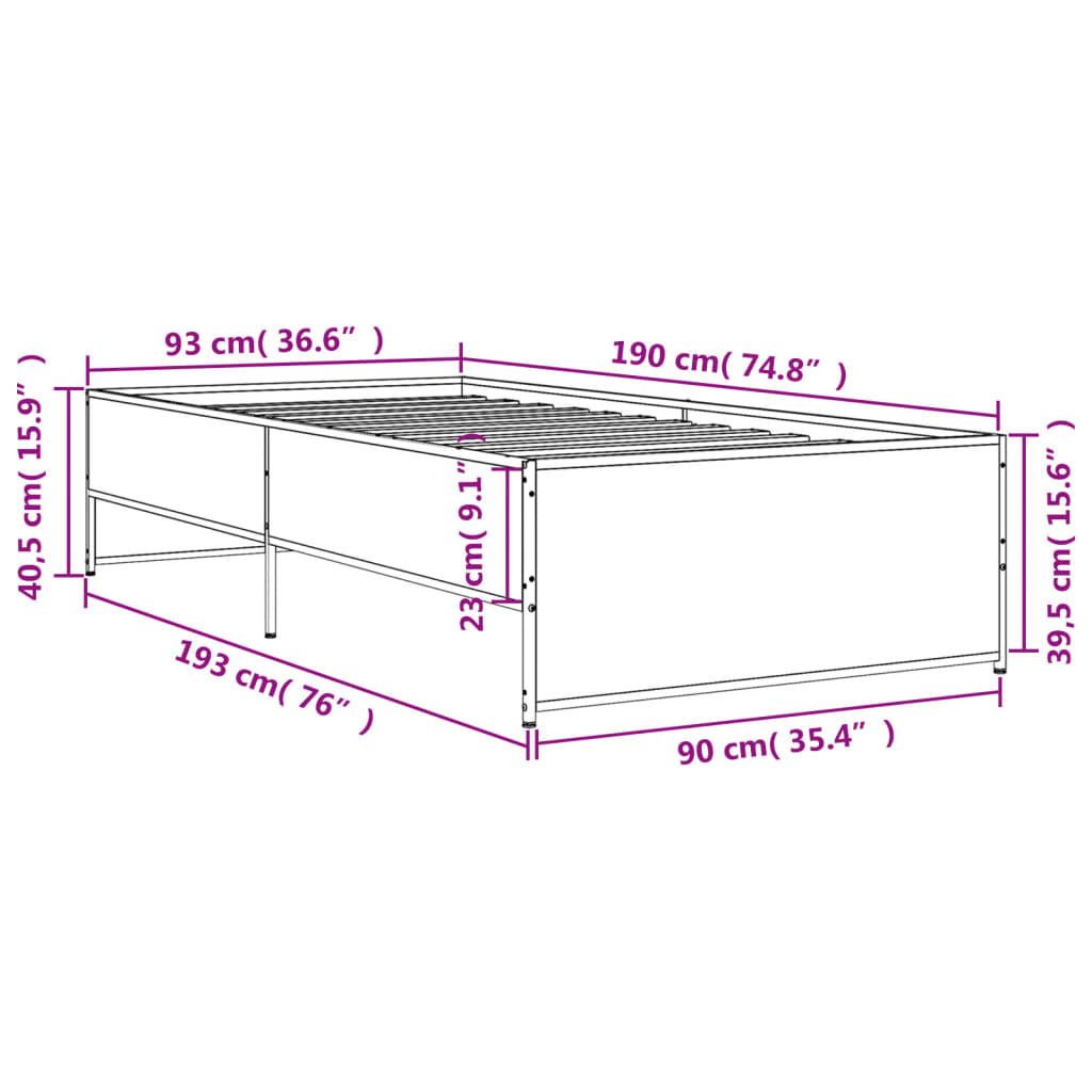 Bedframe bewerkt hout en metaal sonoma eikenkleurig 90x190 cm