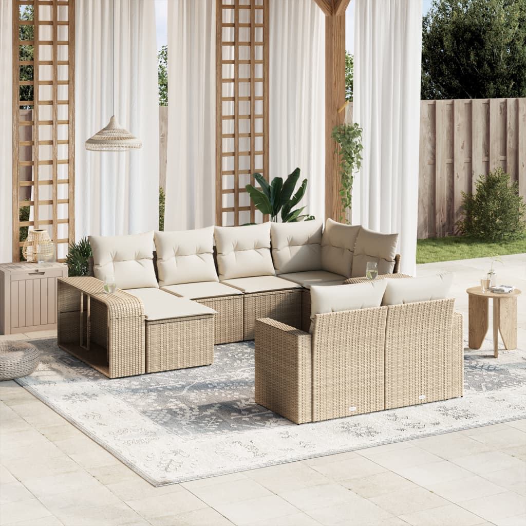 10-delige Loungeset met kussens poly rattan beige