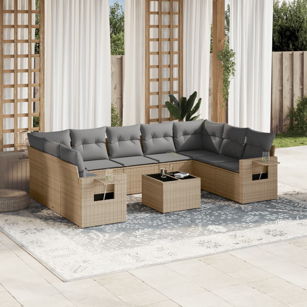 10-delige Loungeset met kussens poly rattan beige