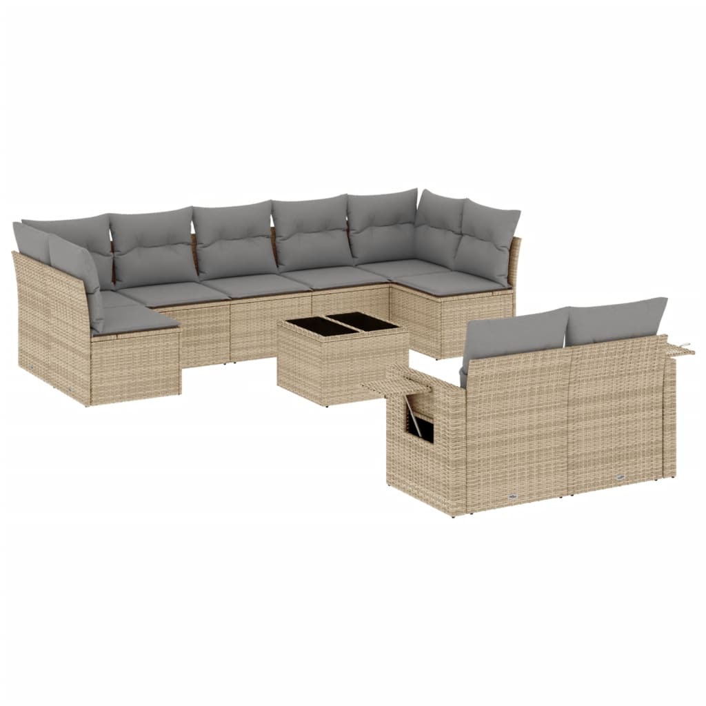 10-delige Loungeset met kussens poly rattan beige