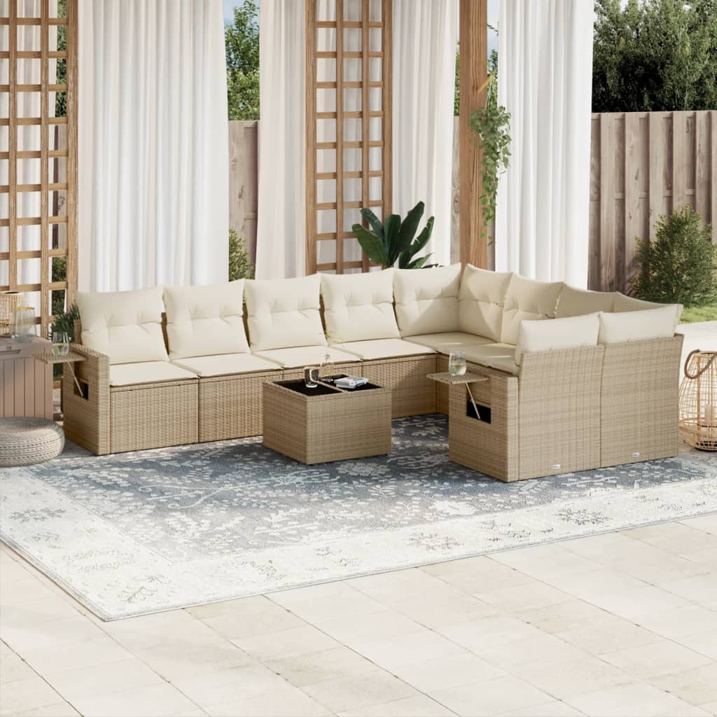 10-delige Loungeset met kussens poly rattan beige