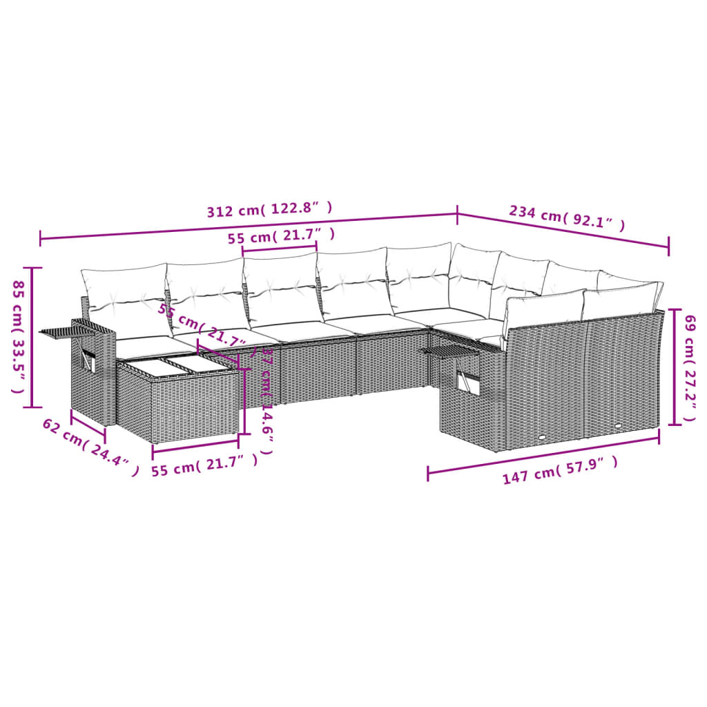 10-delige Loungeset met kussens poly rattan beige