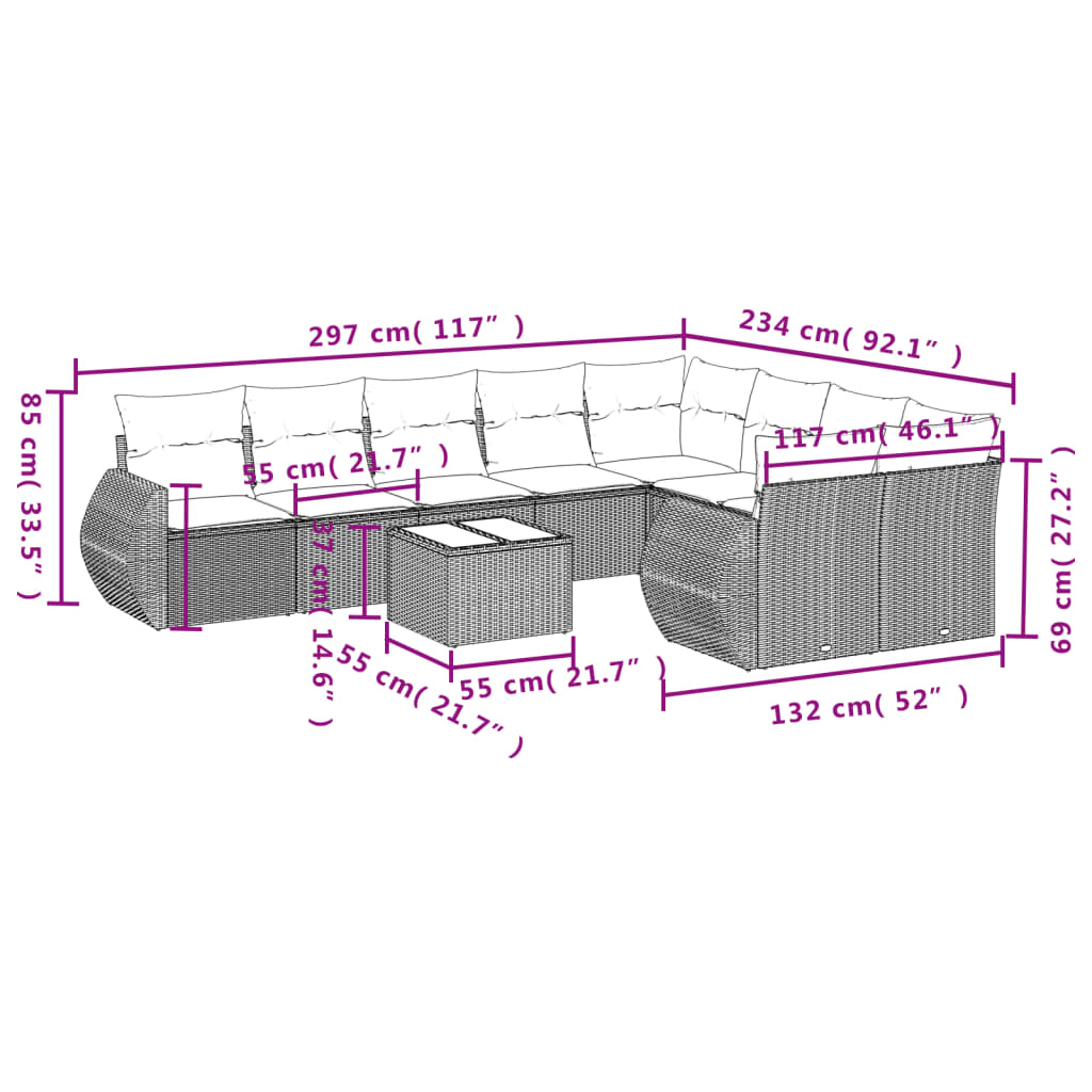 10-delige Loungeset met kussens poly rattan beige