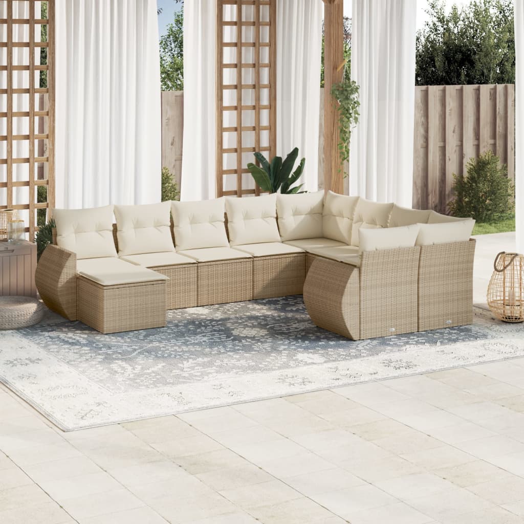 10-delige Loungeset met kussens poly rattan beige