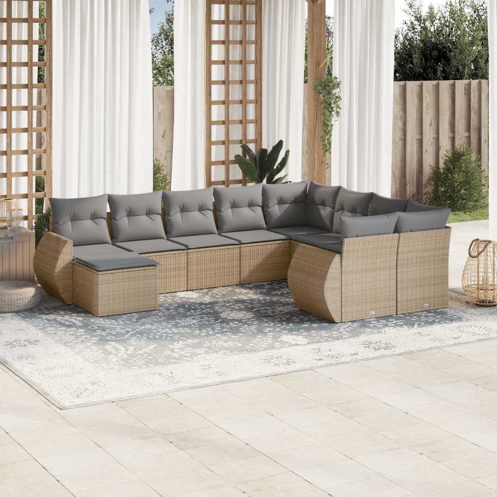 10-delige Loungeset met kussens poly rattan beige