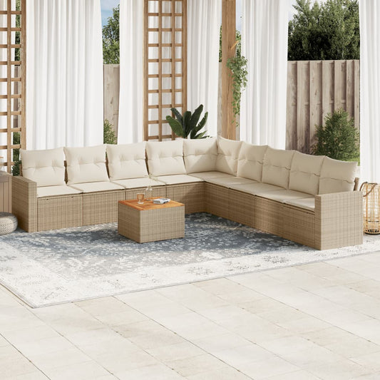 10-delige Loungeset met kussens poly rattan beige