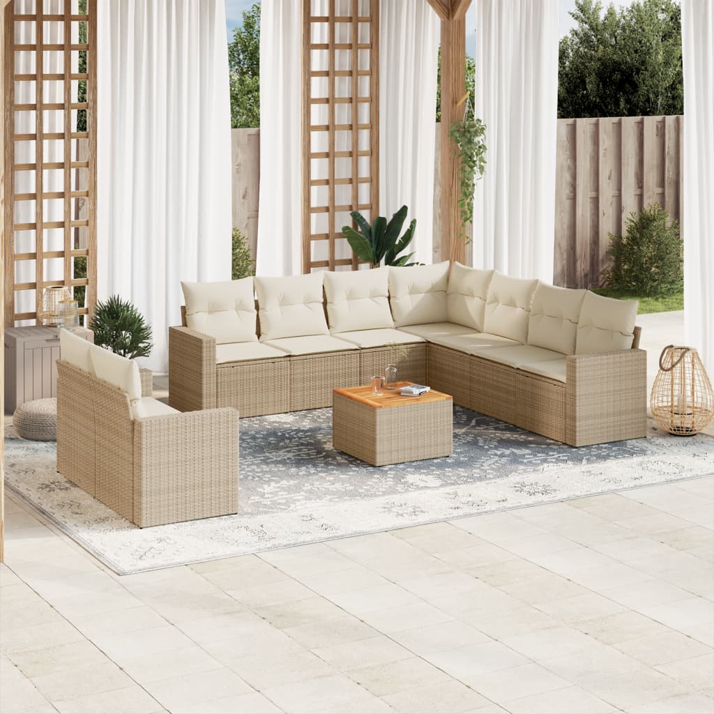 10-delige Loungeset met kussens poly rattan beige