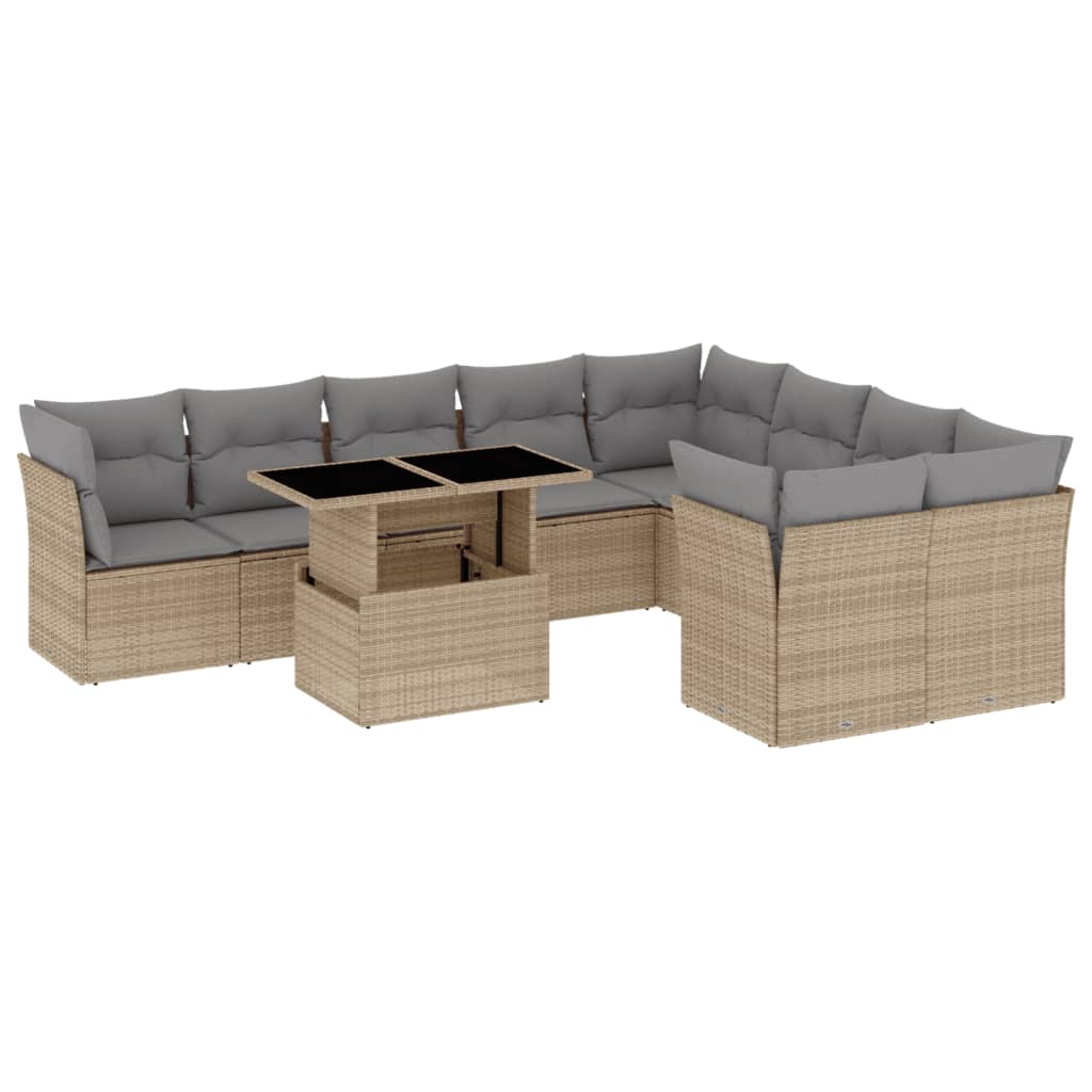 10-delige Loungeset met kussens poly rattan beige