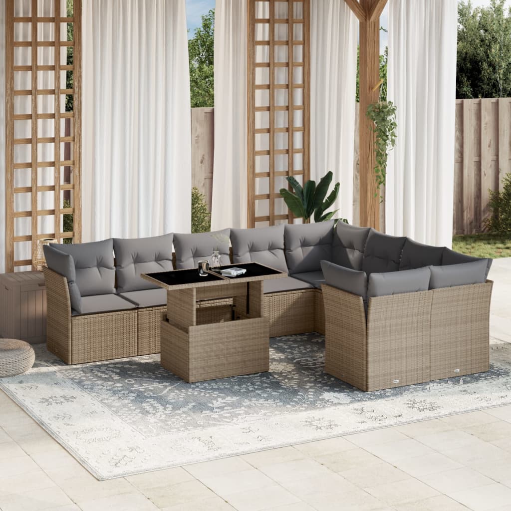 10-delige Loungeset met kussens poly rattan beige