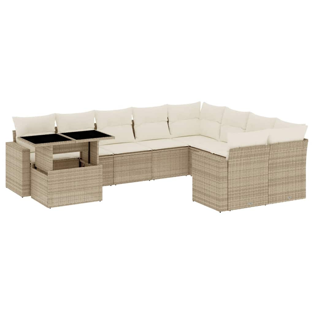 10-delige Loungeset met kussens poly rattan beige