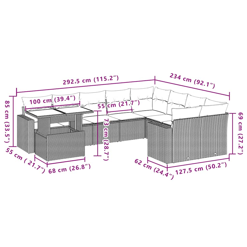 10-delige Loungeset met kussens poly rattan beige