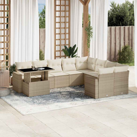 10-delige Loungeset met kussens poly rattan beige