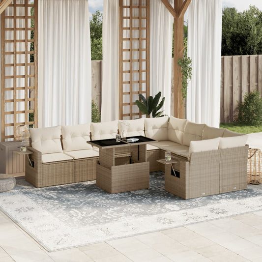 10-delige Loungeset met kussens poly rattan beige