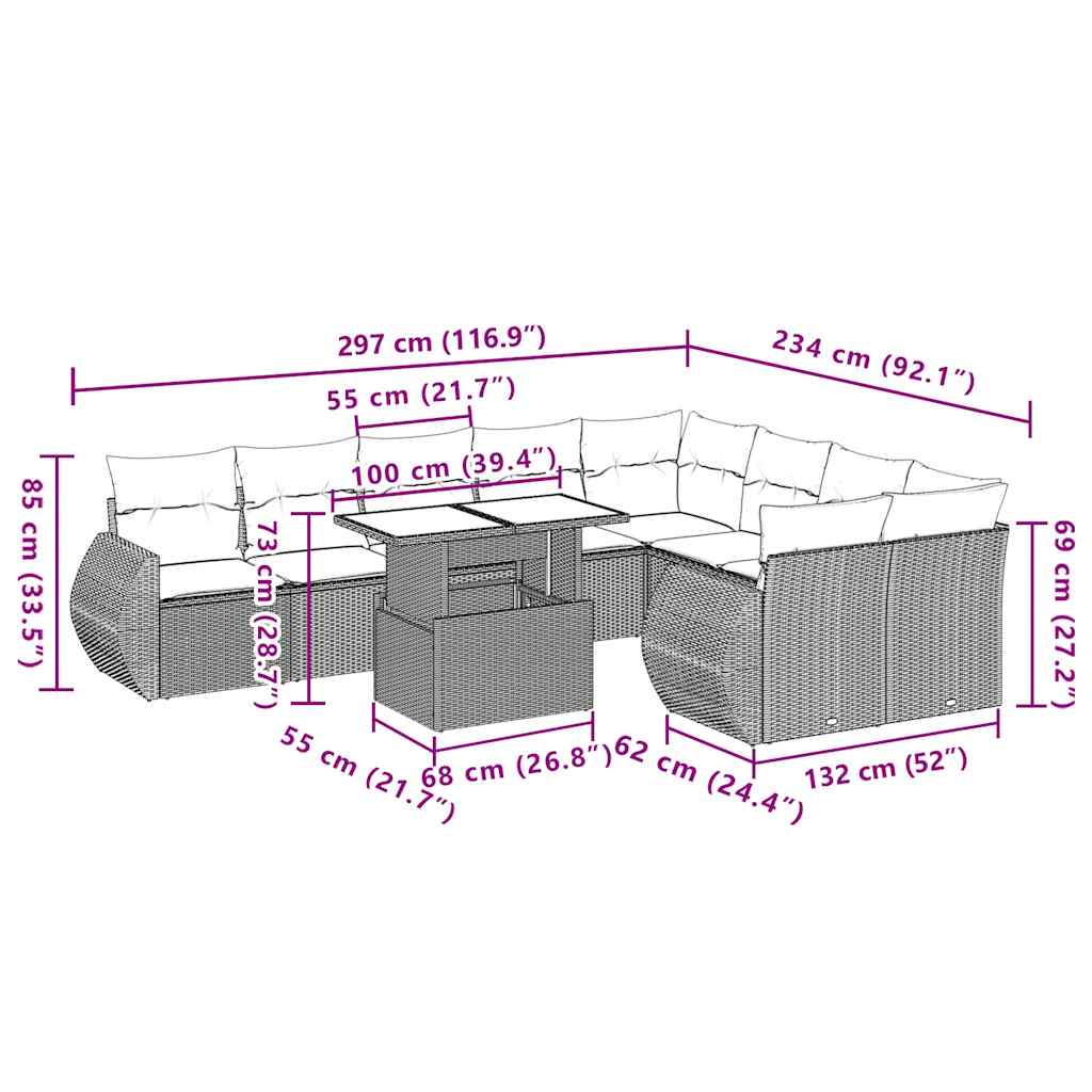 10-delige Loungeset met kussens poly rattan beige