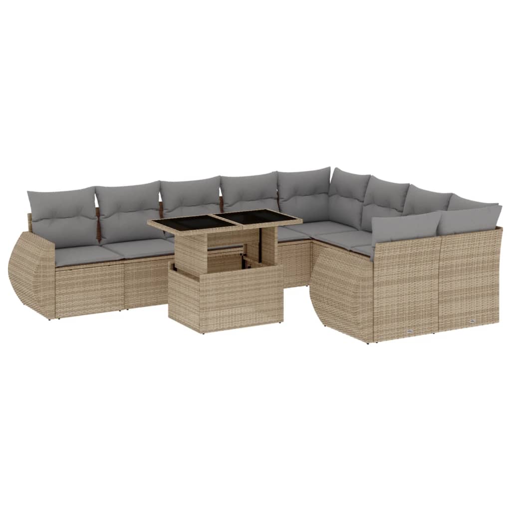 10-delige Loungeset met kussens poly rattan beige