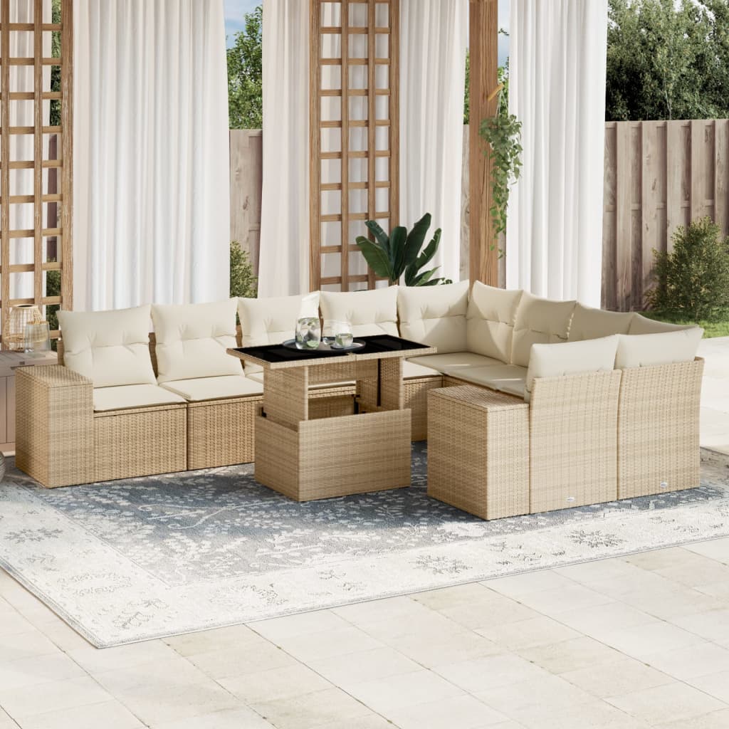 10-delige Loungeset met kussens poly rattan beige