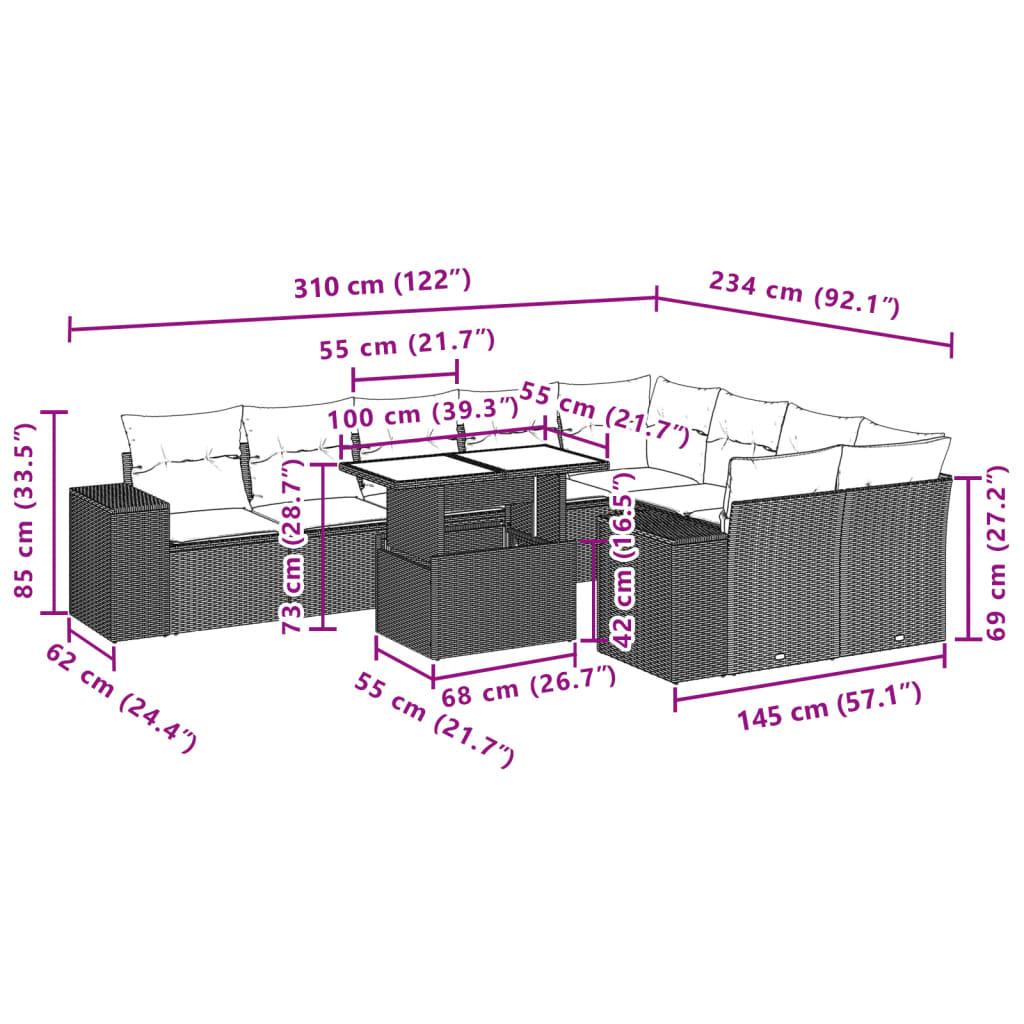 10-delige Loungeset met kussens poly rattan beige