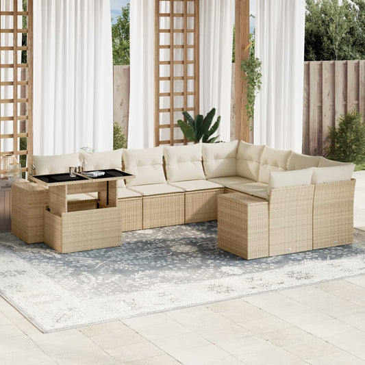 10-delige Loungeset met kussens poly rattan beige